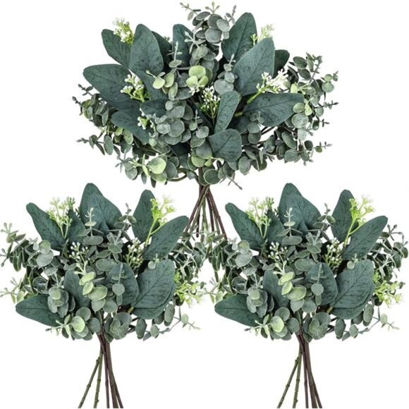 20 Pcs Mixed Artificial Oval Eucalyptus Leaves Bulk with White Seeds Stems - Picture 1 of 8